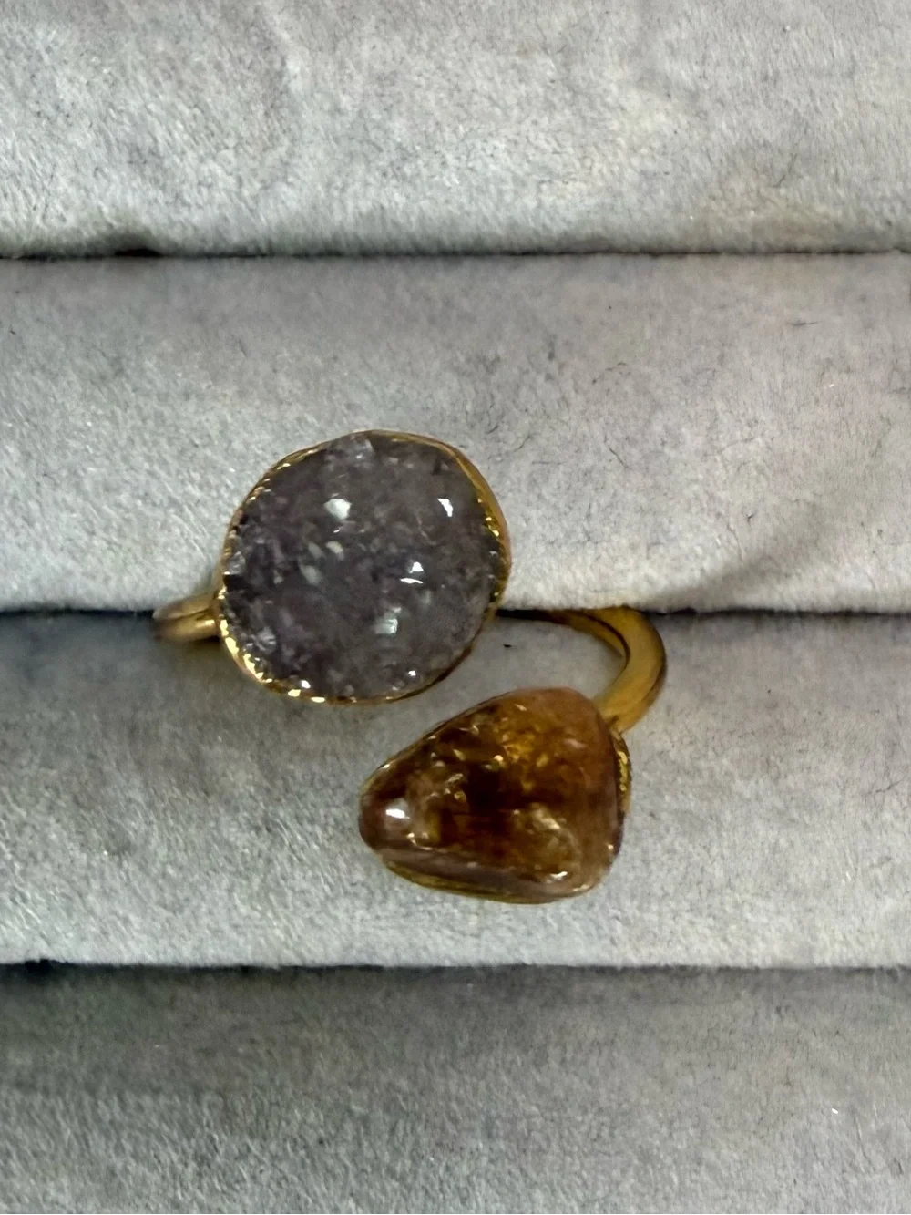 Gold Adjustable Ring with Lavender and Amber Gemstones